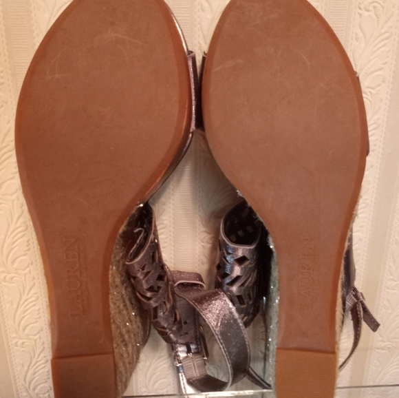 Lauren Ralph Lauren Georgina Espadrille Gold Wedge Leather Sandals Size 8.5 - Picture 7 of 12